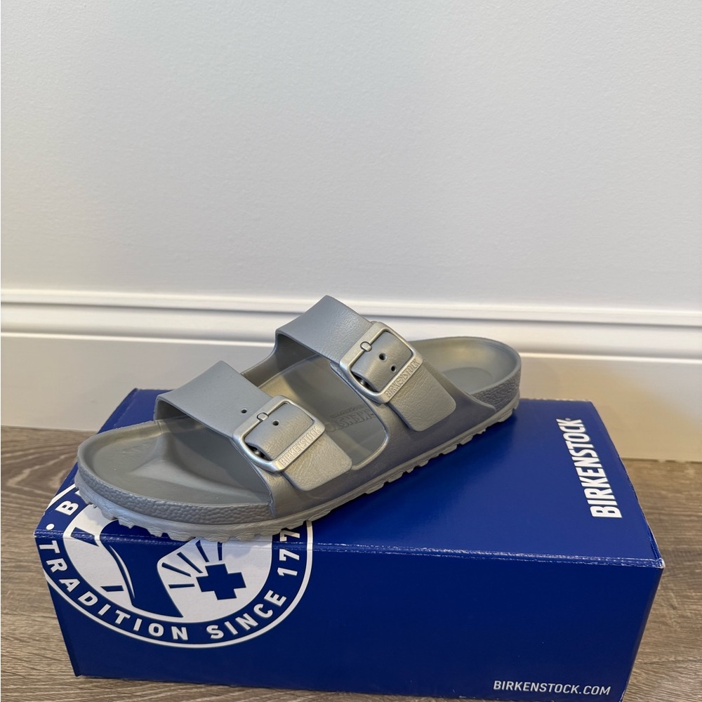 Birkenstock Eva Arizona Metallic Silver Double Strap Sandals - Picture 6 of 6